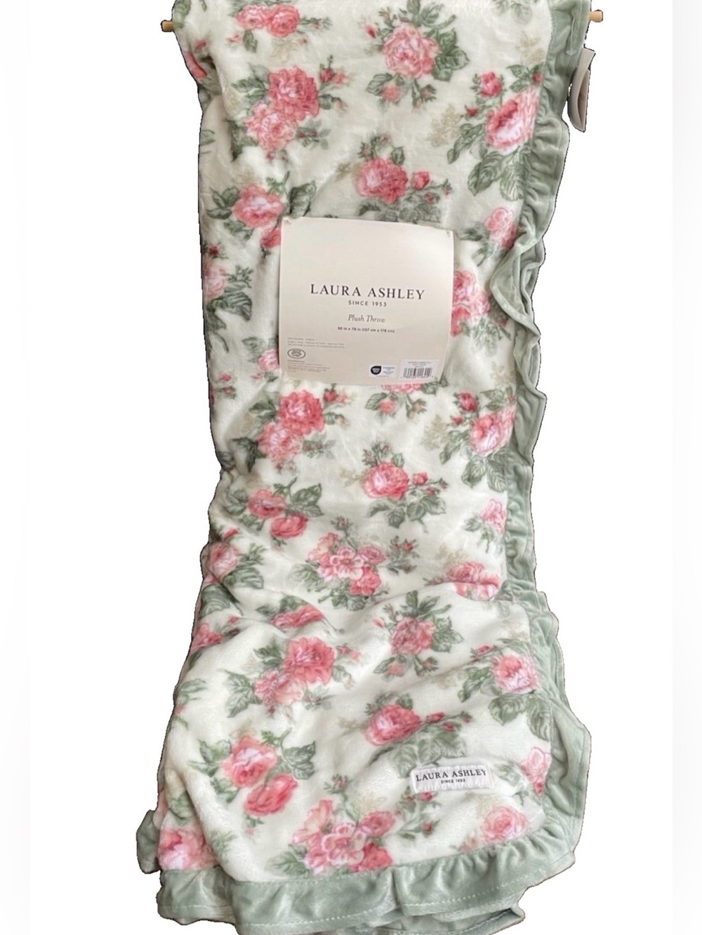 Laura Ashley Soft Lush Throw Green Pink Floral Rose Ruffle Shabby Chic Cottage